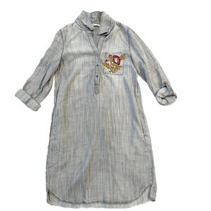 Dex Women’s Denim Mini Shirt Dress Size Small Embroidered Pocket Gray Burgundy